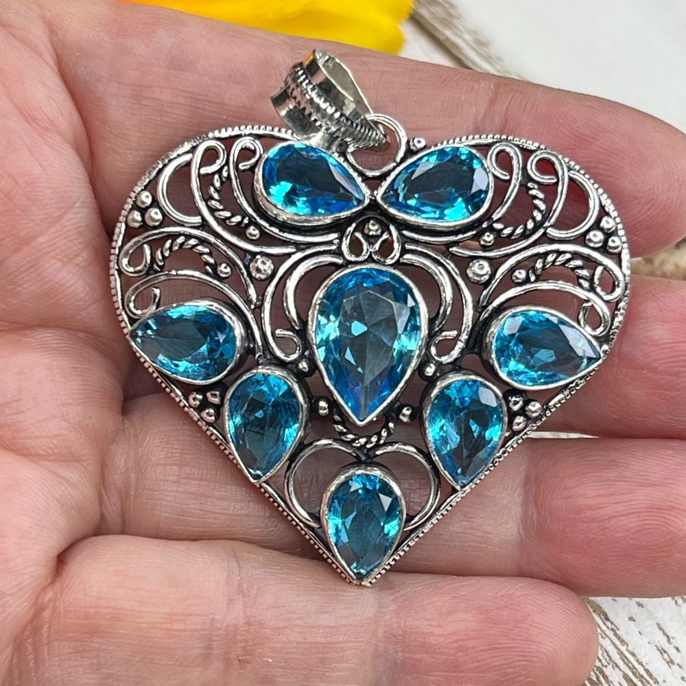 Heart Pendant Blue Topaz Large Handmade Statement 924 Stamped Bohemian Sparkler - Picture 3 of 7